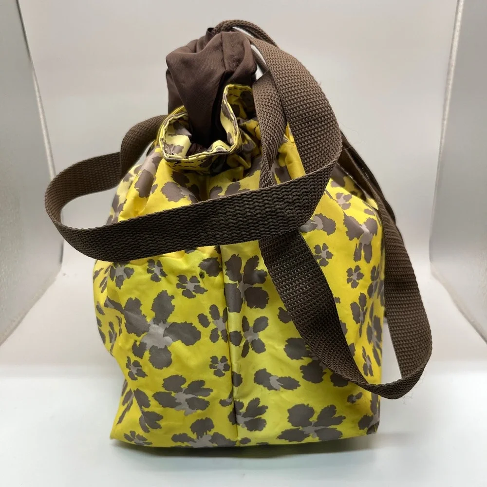 Thirty-One Thermal Drawstring Lunch Bag‎ Yellow Brown Floral Leopard Print Tote